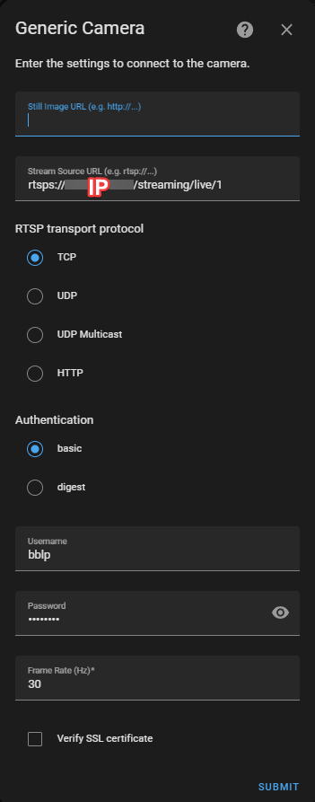 Bambulab X1C Camera in Home Assistant